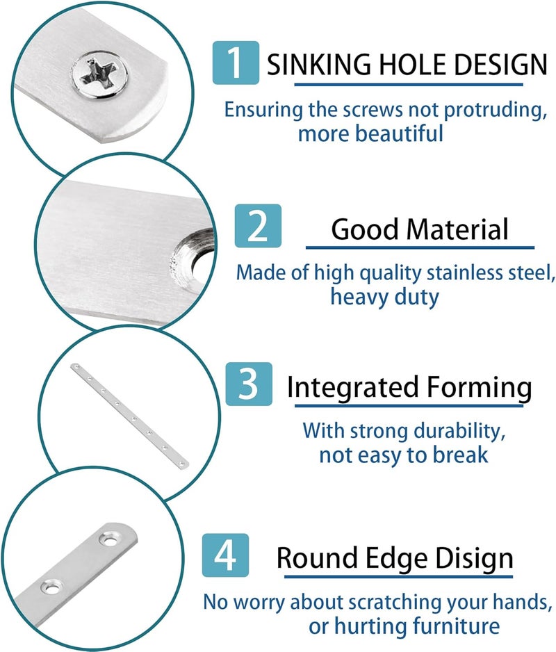AUXBC 11.5 Inch Stainless Steel Straight Brace, Flat Straight Support, Repair Fixed Bracket Connector, Heavy Duty Furniture Repair Fixing Joint with Screw, 2PCS - Image 4